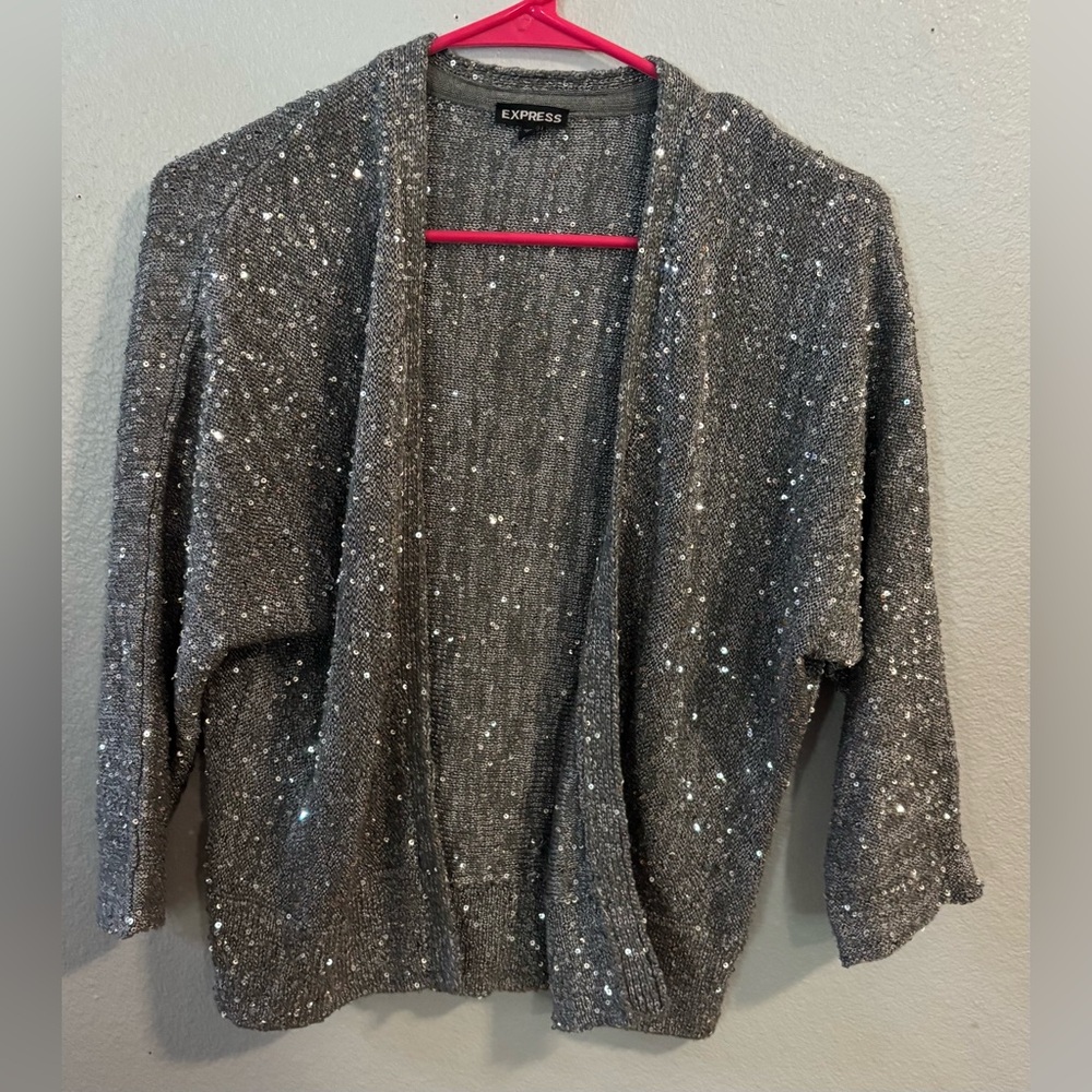 Vtg Express Gray Womens Open Front Sequin Cardigan S